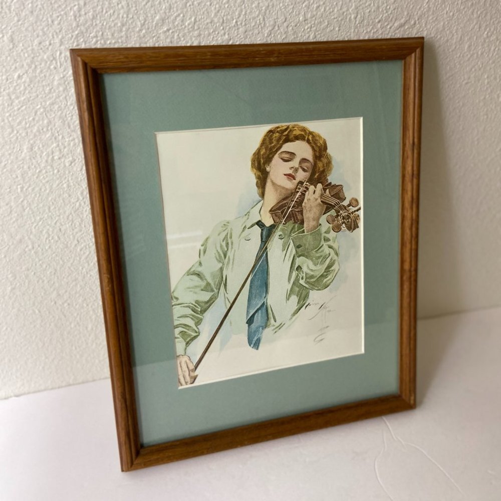 Vintage  Musician Violinist Artist Harrison Fisher  Wooden Framed Picture Print
